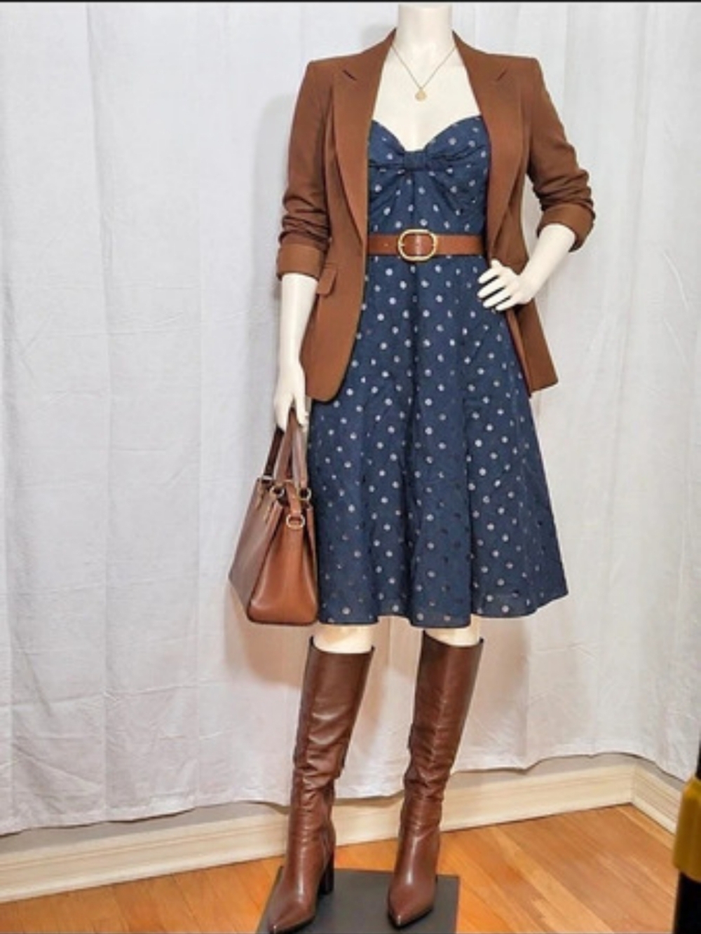 Maggy London Petites Navy Polka Dot Halter Fit & Flare Dress Size 10
